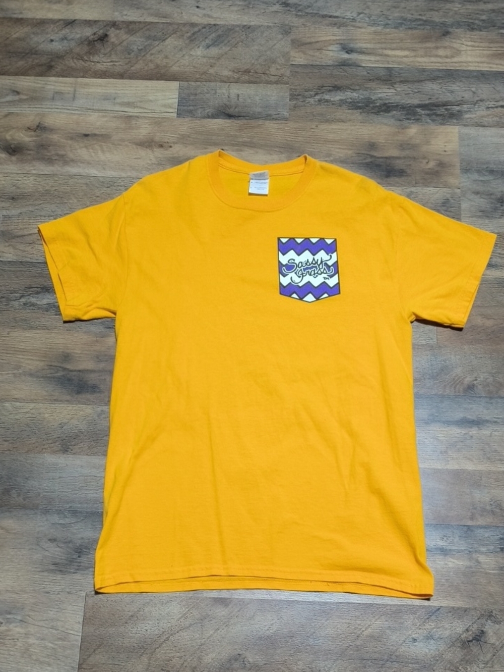 Gildan Yellow Short Sleeve Tee with Purple & White Pocket Graphic